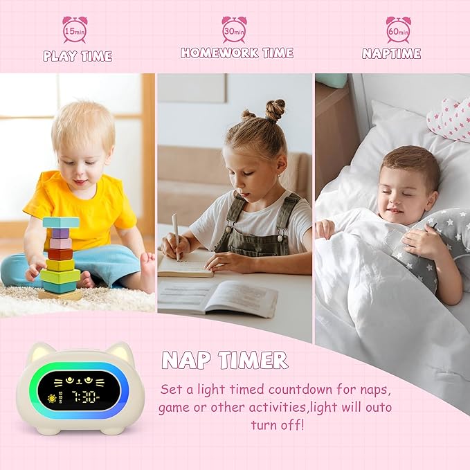 winshine Kids Alarm Clock, Ok to Wake Clock for Kids, Toddler Sleep Training Clock with Eye Protection, 10 Night Lights, Dual Alarms, Child Lock, Snooze, Timer - Cute Clock for Girls and Boys