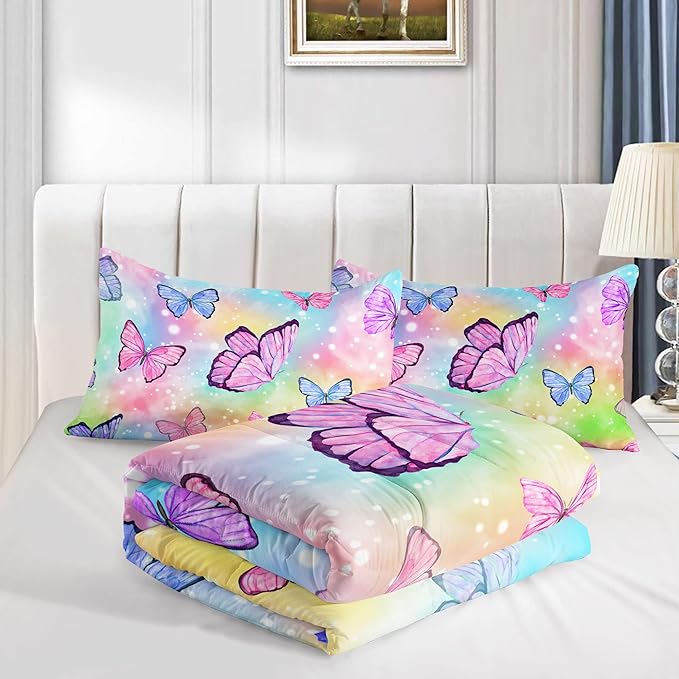 Bedding Comforter Set Rainbow Watercolor Printed Pattern Quilt Bedding Set with 1 Comforter and 2 Pillowcases for Girls Bedroom All Season(Butterfly Watercolor Twin)