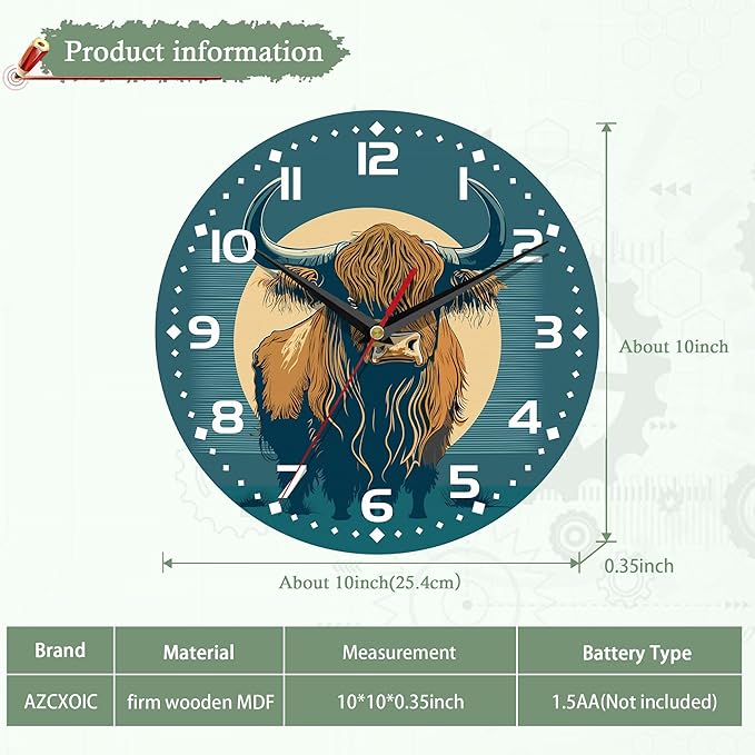 Wall Clocks,Highland Cow 10 Inch Wall Clock,Small Battery Operated Wall Clocks Decorative for Kitchen/Living Room/Bedroom/Bathroom/Dining Room