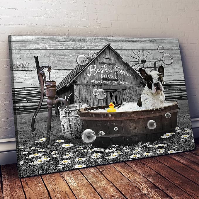 Boston Terrier in Bathtub Wall Art Funny Dog Pictures Wall Decor Farmhouse Bathroom Decor Painting for Bathroom Prints Black and White Artwork Framed 12"x16"