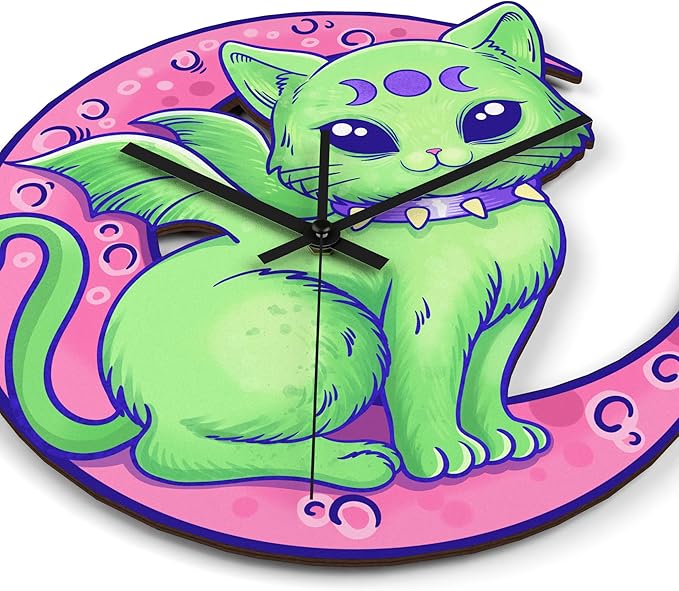 Wooden Wall Clock Spooky Cat Non-Ticking Silent Battery Operated Home Decor DIY Numbers Cute Pastel Goth House Warming Gift for Kids Bedroom Girls Room Living Room Kitchen Kawaii Halloween Moon