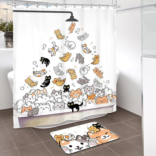 SVBright 2 PCS Shower Curtain Sets with Rug Cute Cat Kids Bathroom Set Nonslip Bathmat Quick Dry Funny Rubber Backed,Dirt Resistant,Bath Rug Mats Washroom Decor Shower Accessories 60Wx72H