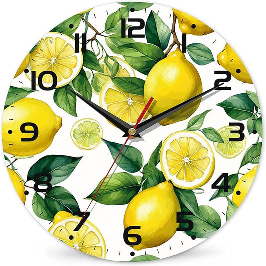 Wall Clock, Watercolor Lemon Wall Clock Silent Non-Ticking Battery Operated Clock 10 Inch, Home Decor for Living Room, Kitchen, Bedroom and Office