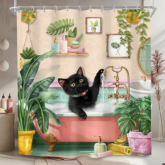 SVBright Pink Cat Shower Curtain 60Wx72L Inch Kids Black Cat Lover in Bathtub Kitten Cute Cartoon Animal Lovrely Vintage Pet Girl 12 Pack Hooks Polyester Waterproof Fabric Bathroom Bathtub Panels