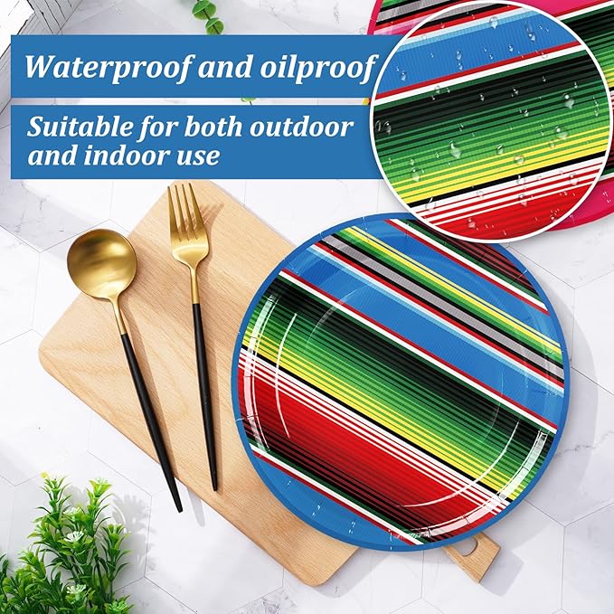 Whaline 40Pcs Mexican Fiesta Paper Plate Mexico Stripe Disposable Plate Cinco De Mayo Dinnerware Plates 9 Inch for Party Supplies Table Decor