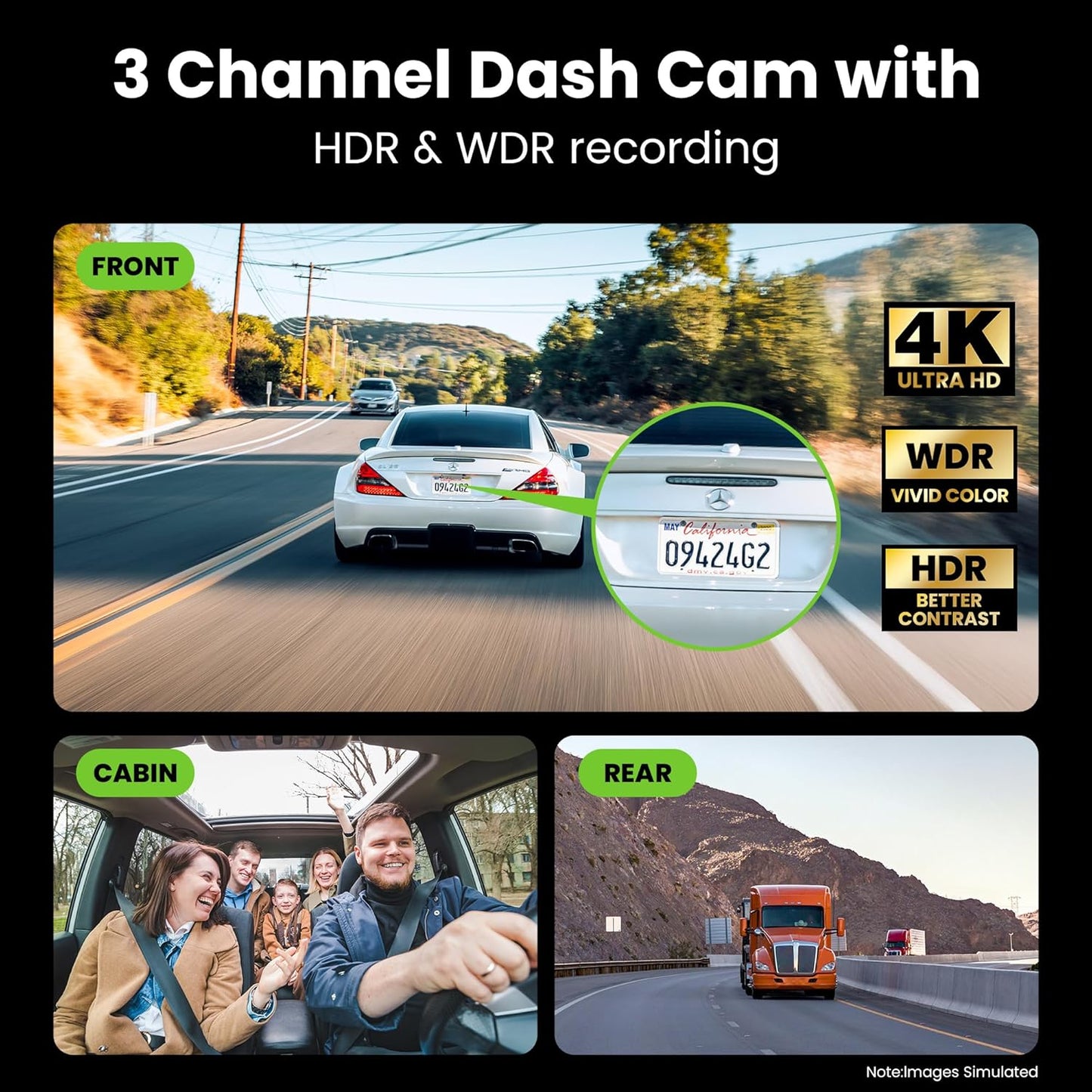 GEARit 3-Channel Dash Cam - 4K Front and Rear Dash Camera for Cars - Front, Inside, Rear Recording - 24/7 Coverage - Triple Dashcam with Night Vision and Loop Recording - Ideal Car Camera System