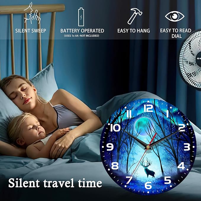 Wall Clock, 10 Inch Silent Non-Ticking Home Kitchen Decor, Battery Operated for Bathroom Bedroom Living Room Office(Forest Deer Moon)
