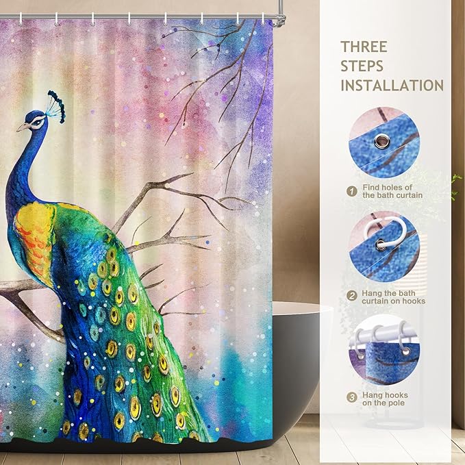 Vimorco Oil Painting Peacock Shower Curtain, Beautiful Peacock Shower Curtains for Bathroom, Waterproof Quick-Dry Polyester Fabric Shower Curtain, Art Peacock Bath Curtain Bathroom Decor, 12 Hooks