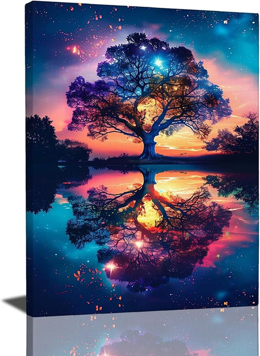 Tree Of Life Wall Art - Tree Landscape Poster Nature Scenery Pictures for Wall - Canvas Print Painting Framed Artwork for Bathroom Bedroom Living Room 16"x24"