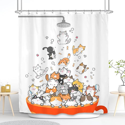 SVBright Cute Cats Shower Curtain 60Wx72L Inch Kids Cartoon Animal Funny Raining Hilarious Lovely Pets Playing Water Kawaii Girls Boys 12 Pack Hooks Polyester Waterproof Fabric Bathroom Bathtub Panels