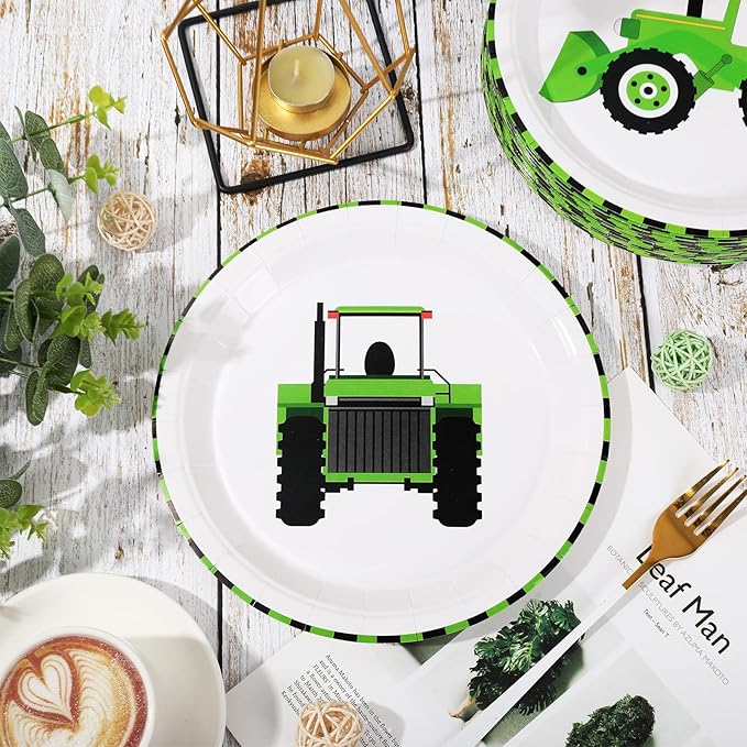 Whaline 40Pcs Tractor Party Paper Plate Green Tractor Disposable Plate 4 Designs Tableware for Birthday Construction Party Supplies Table Decor, 9 in
