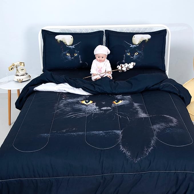Black Cat Comforter Set,3D Cartoon Cat Comforter Full,Animals Print Bedding Set for Kids Girls Boys Cat Quilt Set with 1 Comforter and 2 Pillow Cases Bedroom Decor