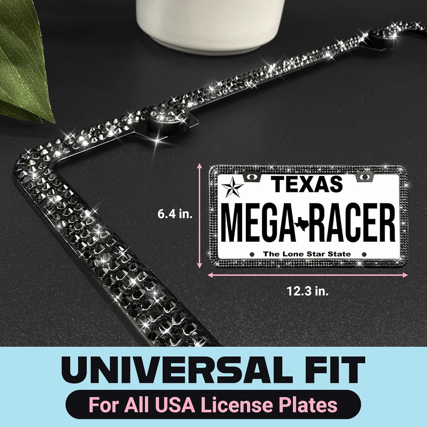 Elegant Bling License Plate Frames for Women - 2 Pack, 1600 Premium Black Rhinestones, Rust-Free Stainless Steel, Street Legal Slim Design, Sparkly Diamond Car Tag Holders with Glitter Crystal Covers