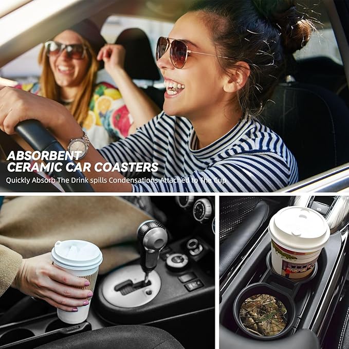 Absorbent Ceramic Car Coasters for Cup Holders, Camo Leaf Design 2.56" Anti Slip Universal Drink Cup Coasters for Women Men (2 Pack)