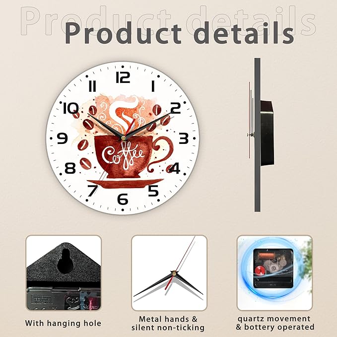 Watercolor Coffee Cup Wall Clock - Vintage Wooden Battery Operated Non-Ticking 10 Inch Silent Art for Living Room, Bedroom, Kitchen - Home Decor for Girls Kids