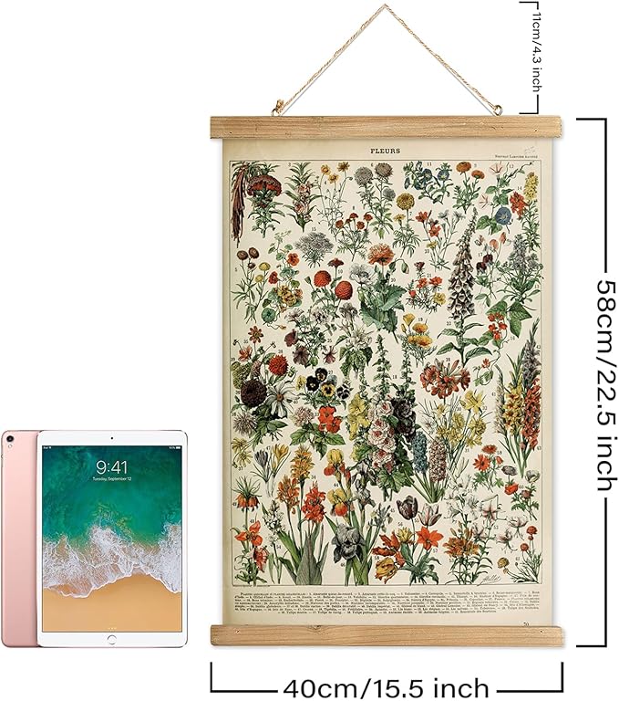 XIAOAIKA Vintage Wildflower Hanging Poster with Wooden Frame, Retro Style Wall Decor Detailed Floral Illustration- Educational Botany Wall Art for Gardeners Home Decor Classroom 16 x 23 Inches
