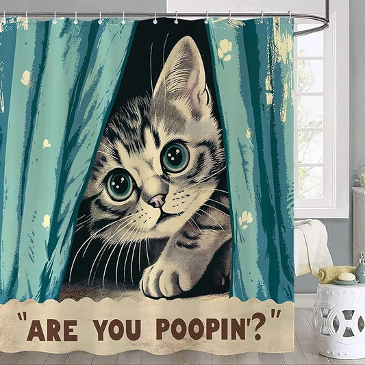 Yeoiat Funny Cat Shower Curtain, are You Poopin' Curious Kitty Whimsical Joke Humor Themed, Shower Curtain Set with 12 Hooks for Bathroom Decor (Green, 72"x72")