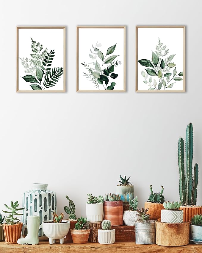 UPWOIGH Framed Green Wall Art(No Plexiglass), Olive Leafs Canvas Wall Art,12x16in Botanical Wood Bohemia Sage Wall Decor Prints Artworks for Bathroom Bedroom, Plant Neutral Wall Art Set of 3