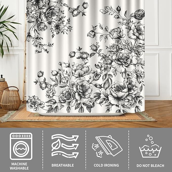 Vintage Floral Shower Curtain Chinoiserie Black White Victorian Style Floral Bathroom Curtain with Hooks Waterproof Fabric Washable Waterproof Curtain for Bathtub Decor 72x72 Inch