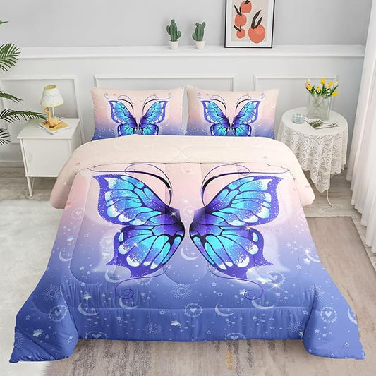 Bedding Comforter Set Pink Purple Butterfly Printed Pattern Quilt with 1 and 2 Pillowcases for Girls Bedroom All Season(Butterfly Twin) Twin 68x86inches