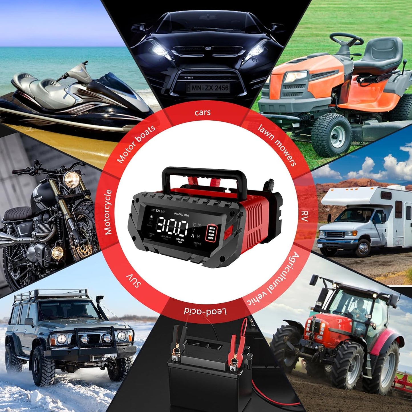 30 Amp 6V/12V/24V Smart Trickle Charger, Car Battery Charger, Lithium, Lifepo4, Lead Acid (AGM/Gel/SLA) Battery Maintainer, Desulfurizer, For: Car, Boat, Motorcycle, Lawn Mowers