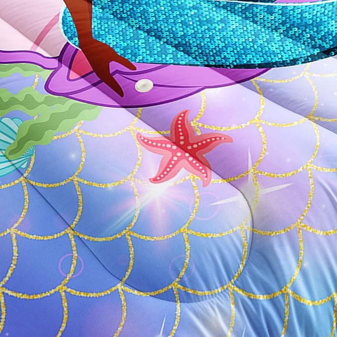 Bedding Comforter Set Black Girl Magic Mermaid Printed Pattern Quilt with 1 and 2 Pillowcases for Girls Bedroom All Season(Black Blue Queen) Queen 90x90inches