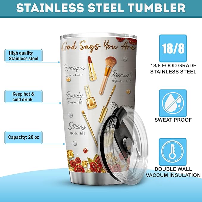 ZOXIX Makeup Lovers Gifts For Women God Says You Are Tumbler Flower Floral Stainless Steel Cup 20oz Mugs With Christian Sayings MUA Esthetician Gifts For Graduation Makeup Artist