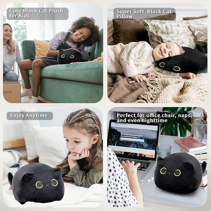 21.7" 3D Black Cat Plush Toy Pillow, Soft Kawaii Kitten Stuffed Animal Cushion