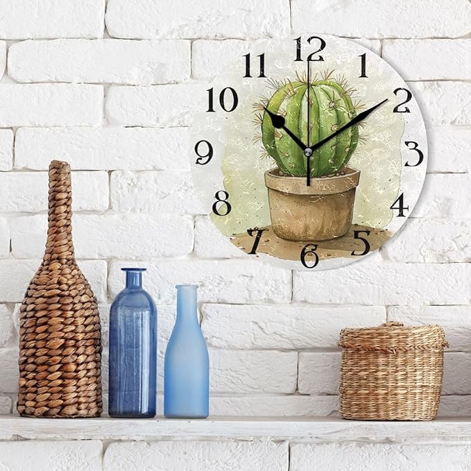 Cactus Tropical Plant Wall Clock Silent Non Ticking Kitchen Clock 9.5 Inch Round Bathroom Clock Battery Operated Quartz Analog Decorative Desk Clock Living Room Decor