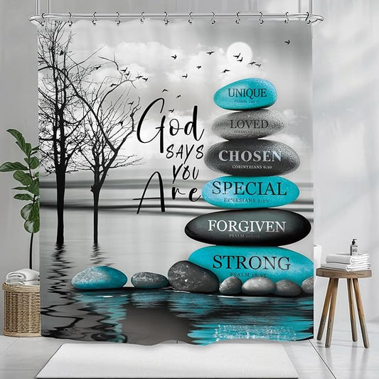 Teal Zen Spa Shower Curtain 60Wx72L Inch Quotes Meditation Inspirational Motivational Bible Positive Bathroom Set Accessories Decor with 12 Pack Hooks