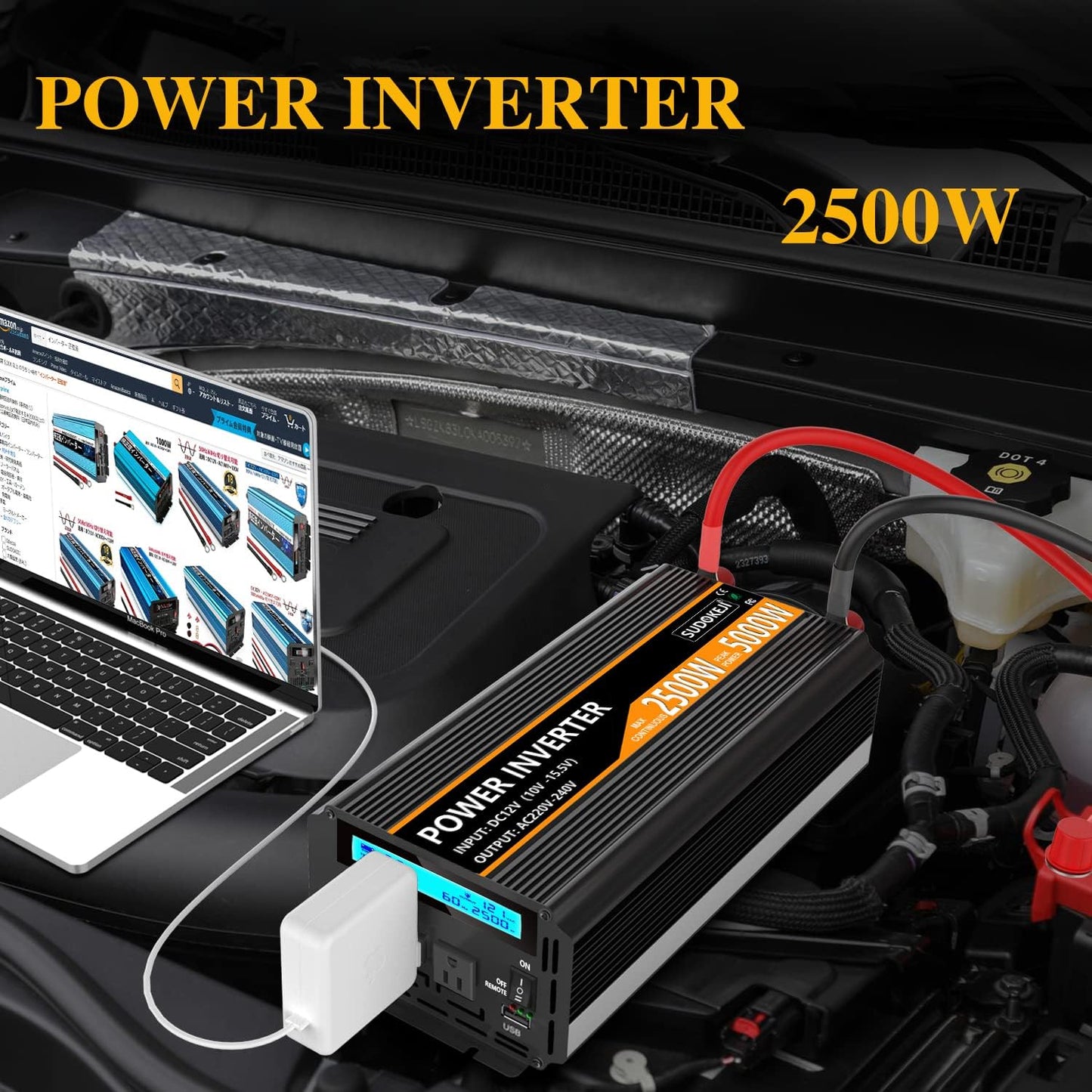 SUDOKEJI 2500W Power Inverter 12V DC to AC 110V/120V (Peak) 5000W Converter 3 sockets car Inverter with Remote Control and LED Display 3.4v USB Port