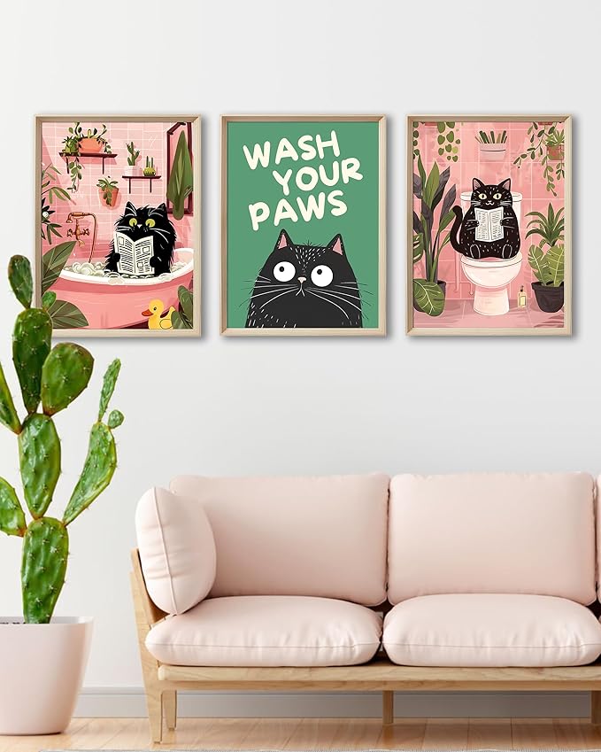 UPWOIGH 12"x16" Wood Framed Wall Art – Funny Black Cat Canvas Decor, Are You Pooping? Vintage Bathroom Poster Set of 3, Cute Reading Animal Humor Prints for Apartment, House, or Restroom Decoration