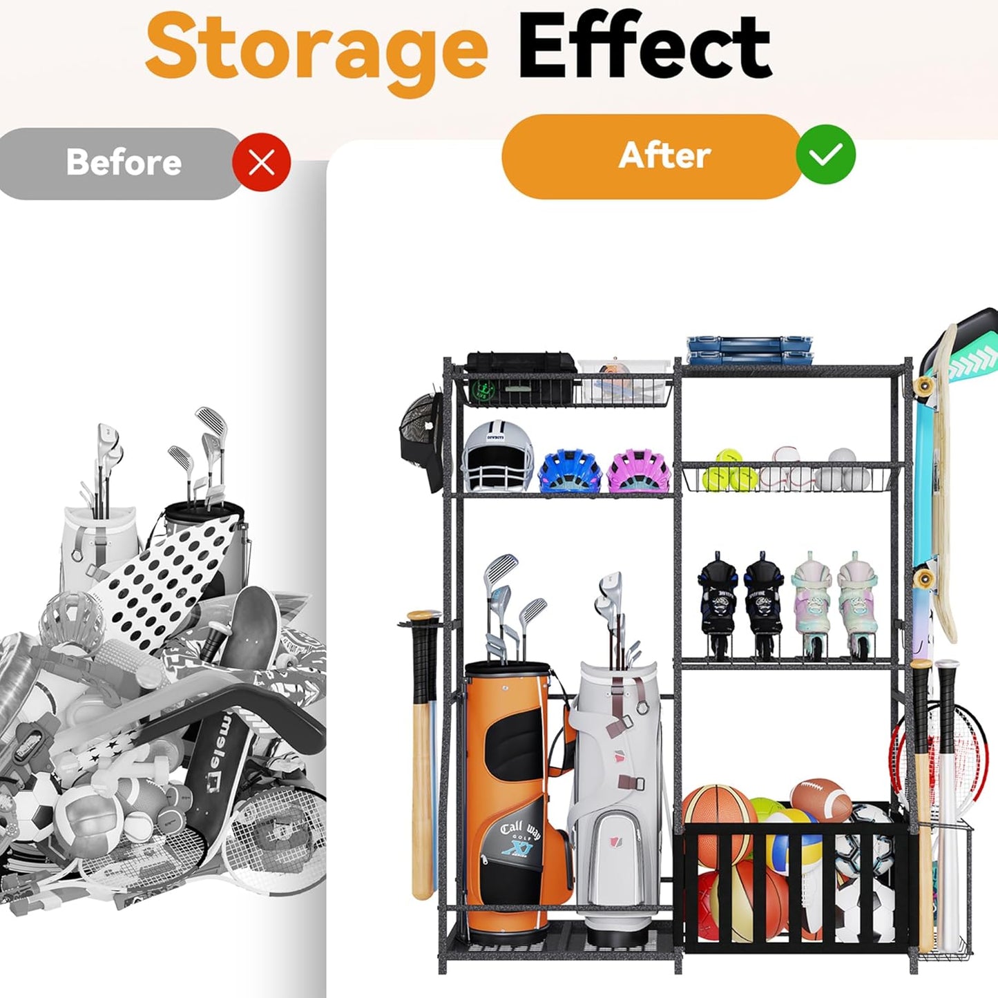 HOMREST Sports Equipment Storage,2 Golf Bag Storage Stand, Ball Holder, Garage Sports Organizer with Basket and Hooks, Sports Ball Storage for Toy Sports Gear Storage, Black