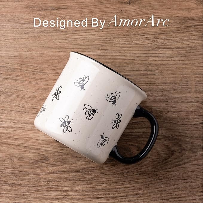 AmorArc 22 OZ Large Ceramic Coffee Mugs, Oversized Soup Cups With Big Handle for Men Women Dad Mom, Big Mug With Textured Bees Patterns for Office & Home -Microwave Safe, 2 Pcs-Black