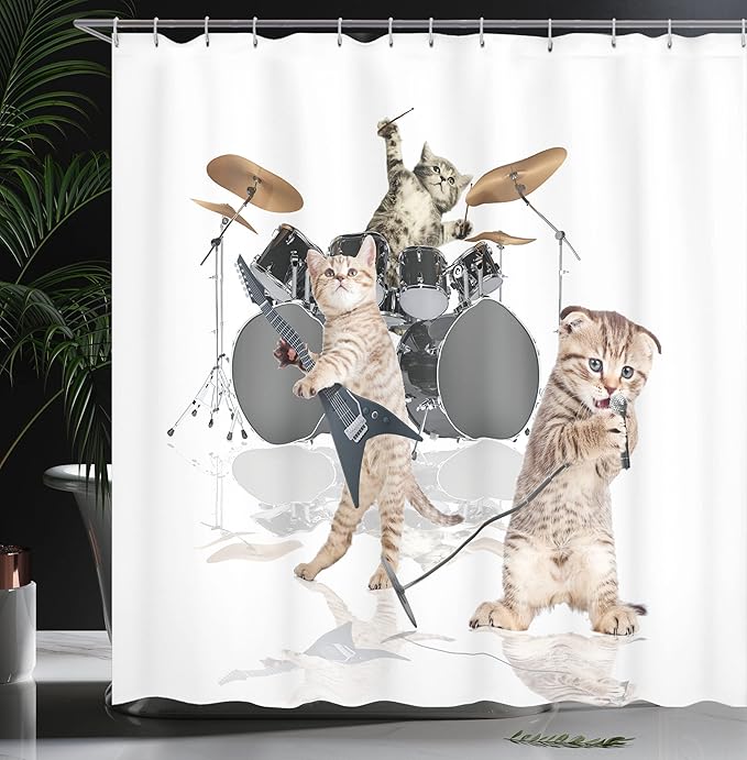 Ambesonne Animal Shower Curtain, Cool Hard Rocker Band of Kittens Singer Guitarist Cats Art Print, Cloth Fabric Bathroom Decor Set with Hooks, 69" W x 84" L, White Charcoal Grey Multicolor