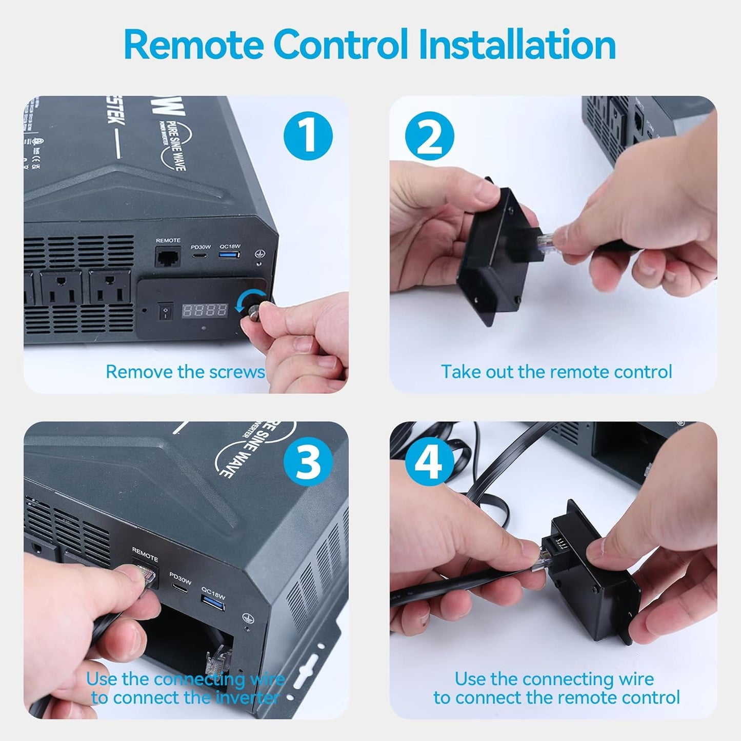 2000 Watt Pure Sine Wave Power Inverter, 12V DC to 110/120V AC Inverter with 3 AC Outlets, Remote, PD 3.0 USB Port, QC 18W, Remote Controller, LED Display,For RV Solar Systems,Semi Truck,Vehicles,Boat