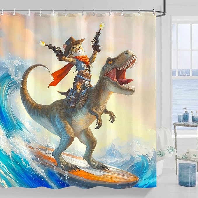 Yeoiat Cowboy Cat Shower Curtain Funny Shower Curtain Dinosaur Shower Curtains for Bathroom Fun Shower Curtain Set with 12 Hooks Dinosaur03 72×72 Inches
