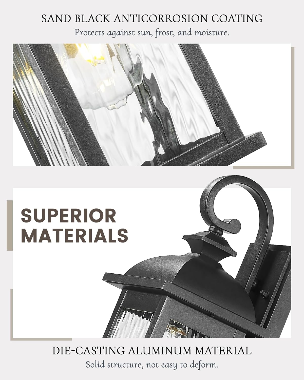 FEMILA 2 Packs Outdoor Waterproof Wall Lights Fixture, 15" Wall Lantern for Porch, Anti-Rust Matte Black Finish with Water Ripple Glass,4FD54B-2PK BK-WP