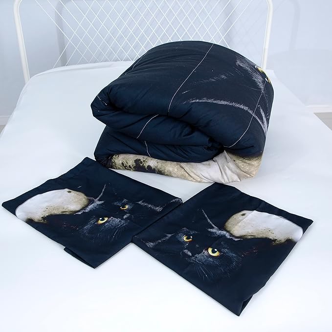 Black Cat Comforter Set,3D Cartoon Cat Comforter Full,Animals Print Bedding Set for Kids Girls Boys Cat Quilt Set with 1 Comforter and 2 Pillow Cases Bedroom Decor