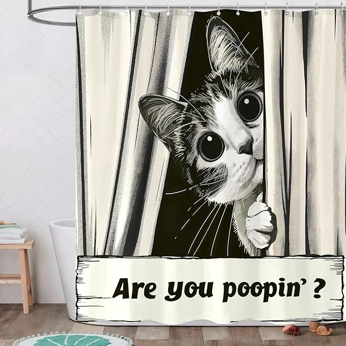 Yeoiat Funny Cat Shower Curtain, are You Poopin' Curious Kitty Whimsical Joke Humor Themed, Shower Curtain Set with 12 Hooks for Bathroom Decor (Black, 72"x72")