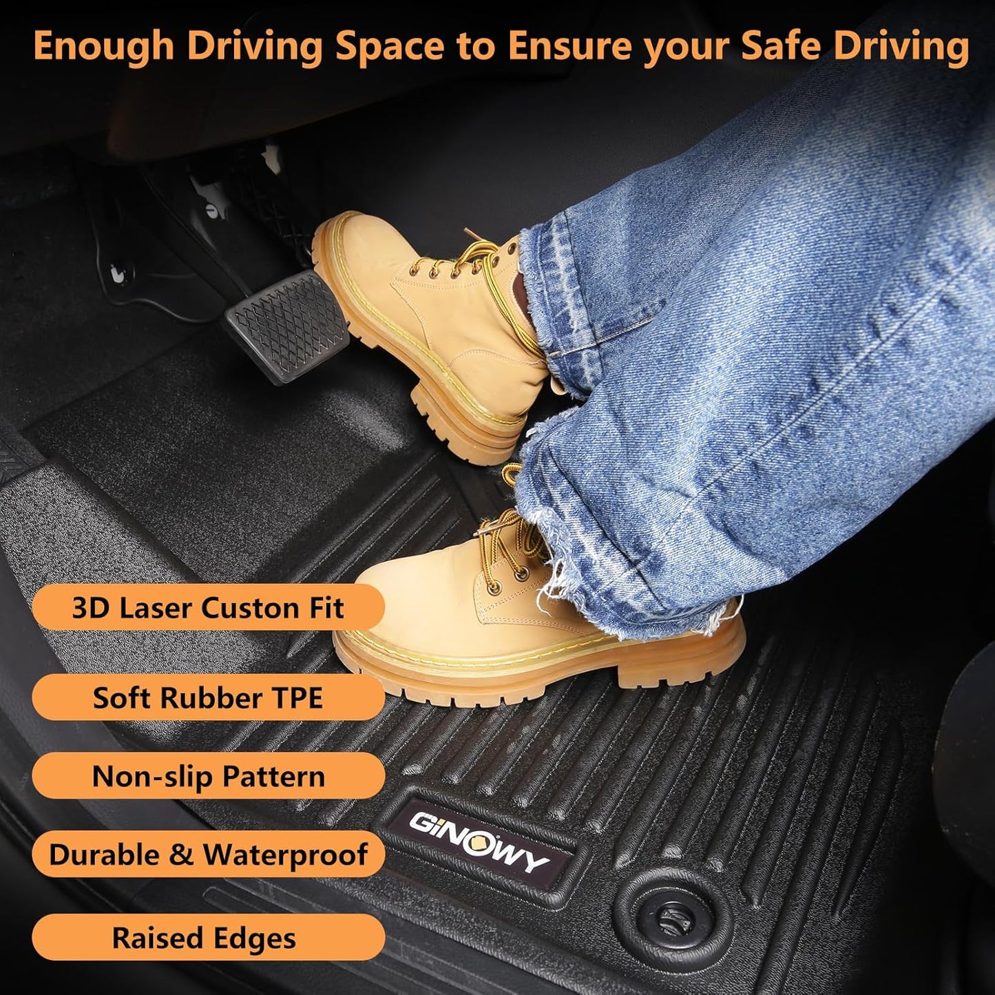 GINOWY-Floor Mats for Hyundai Santa Cruz 2022-2024 2025, TPE All Weather Car Mats Santa Cruz, Custom Fit Floor Liners, Heavy Duty Non-Slip Soft 3D Laser Car Accessories Mats-Black