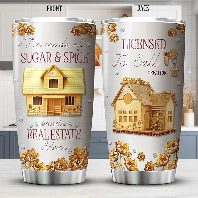 ZOXIX Realtor Coffee Tumbler Stainless Steel Mug With Lid 20oz Travel Cup Gifts For Realtors Female Flower Floral Housing House Girl Cute Tumblers For Women Salesperson Accessories