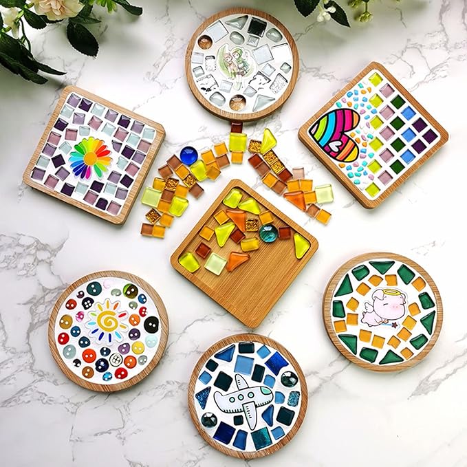 4PCS Mosaic Bamboo Coasters for Crafts, Blank Base Trays, Drinking Cup Coaster, Plant Coaster, Art Plate,DIY Mosaic Supplies (Flower)