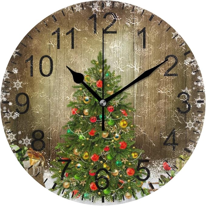 Wamika Wall Clock Christmas Tree Clock Silent Non Ticking Round Wall Clocks Decorative, Winter Rustic Wooden New Year Clocks 10 Inch Battery Operated Quartz Analog Quiet Desk Clock for Home Office