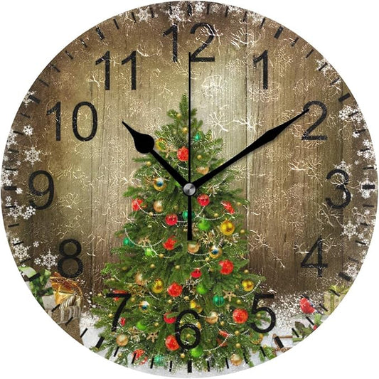 Wamika Wall Clock Christmas Tree Clock Silent Non Ticking Round Wall Clocks Decorative, Winter Rustic Wooden New Year Clocks 10 Inch Battery Operated Quartz Analog Quiet Desk Clock for Home Office