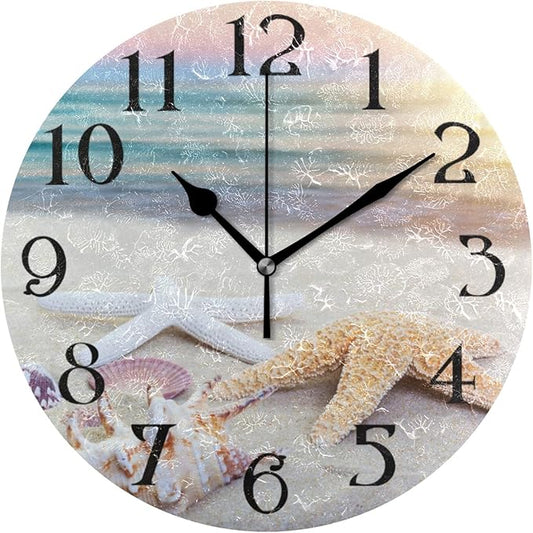 Starfish Sea Wall Clock 9.5 Inch Non Ticking Silent Clocks 3D Summer Beach Round Bathroom Clock Battery Operated Quartz Analog Decorative Desk Clock for Living Room