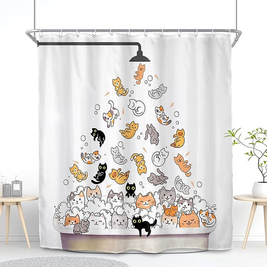SVBright Extra Long Cat Shower Curtain 72Wx84L Inch for Kids Cute Cartoon Animal Funny Raining Colorful Hilarious Playing Water Lovely 12 Pack Hooks Polyester Waterproof Fabric Bathroom Bathtub Panels