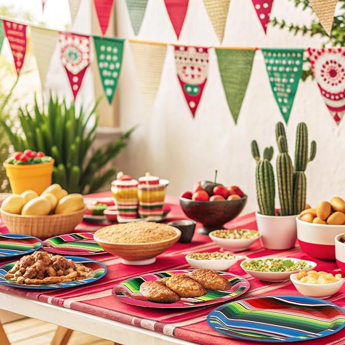 Whaline 40Pcs Mexican Fiesta Paper Plate Mexico Stripe Disposable Plate Cinco De Mayo Dinnerware Plates 9 Inch for Party Supplies Table Decor