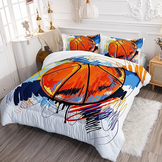 BSNTHO Basketball Comforter Set Boys Sports Bedding Set Twin Size for Kids Teens Hand Drawn Graffiti Style Comforter Design 3 Piece with 1 Comforter 2 Pillowcases