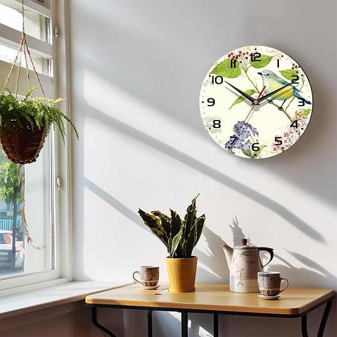 Wall Clock, 10 Inch Silent Non-Ticking Home Kitchen Decor, Battery Operated for Bathroom Bedroom Living Room Office(Vintage Watercolor Bird Flower)